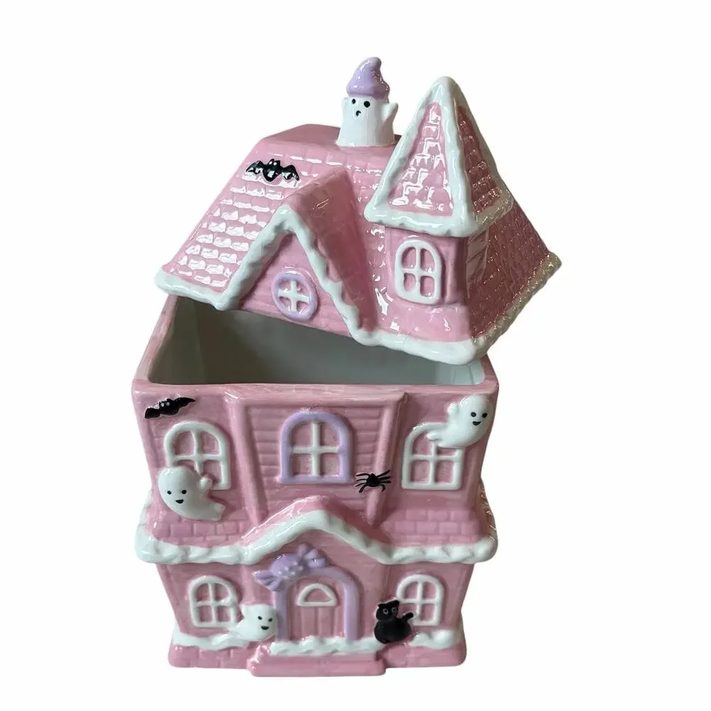 Pink Halloween HAUNTED HOUSE Cookie Jar by Booville Ceramic Spooky Boo New